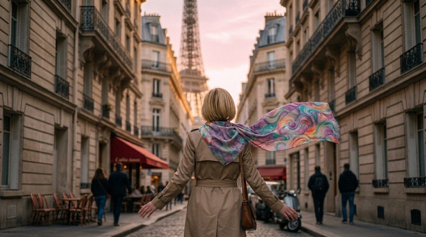 Carré de soie porté dans une rue de Paris