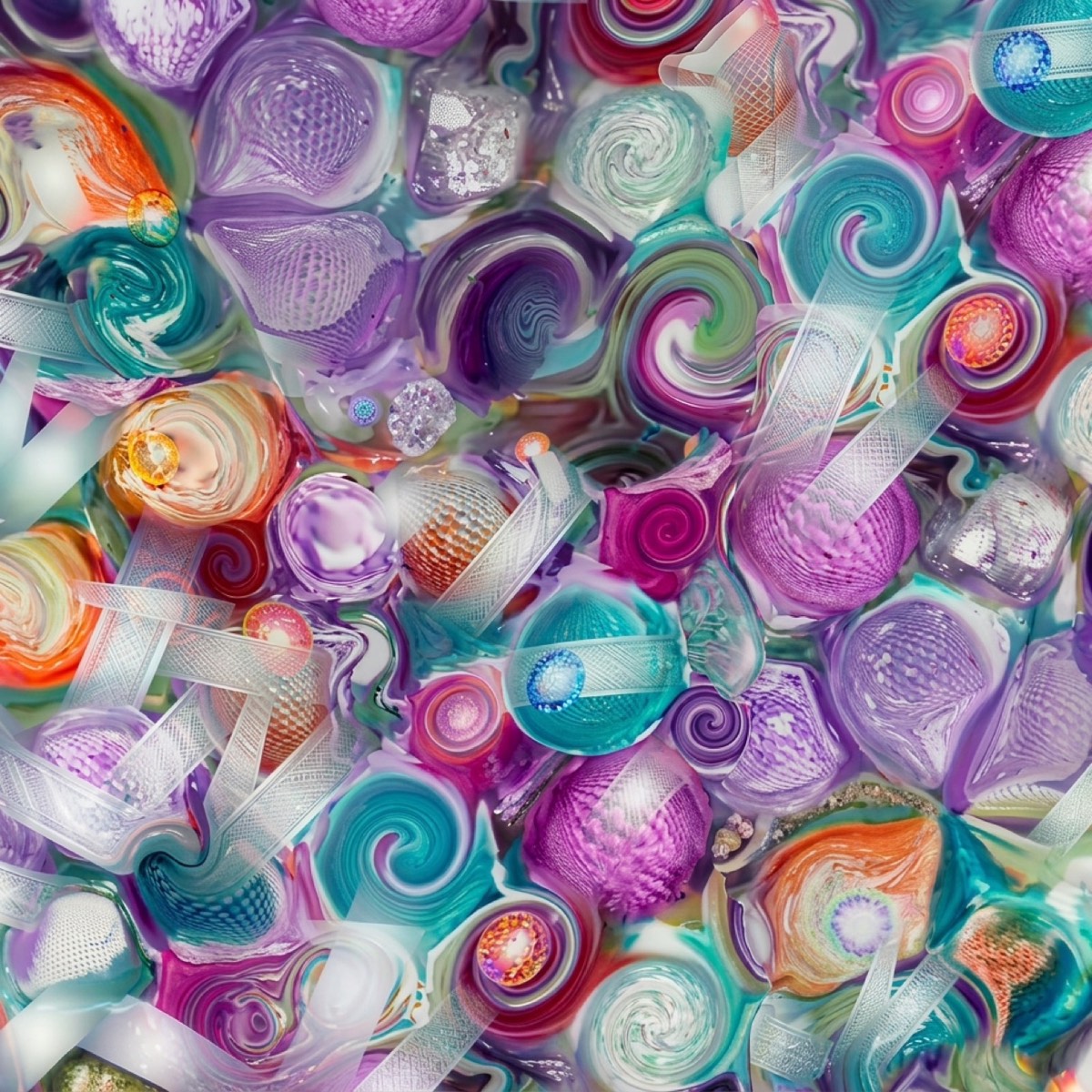 Motif Sweet Candy : rubans blancs translucides traversant les spirales
