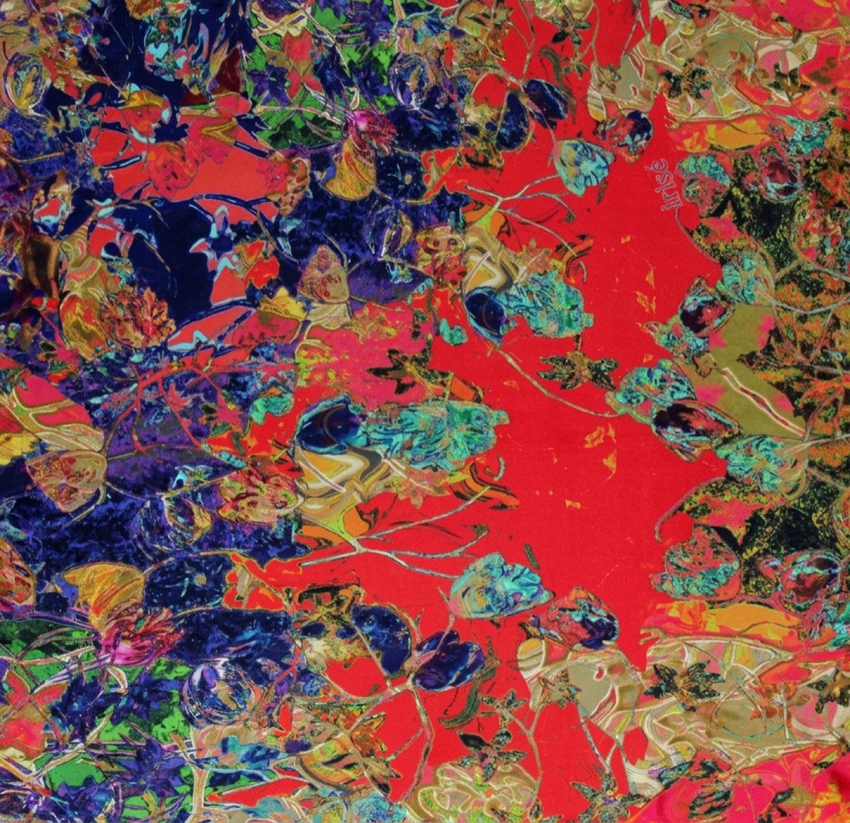 Motif Tulipes Lily : tulipes bleues, dorées et vertes autour d'une clairière rouge
